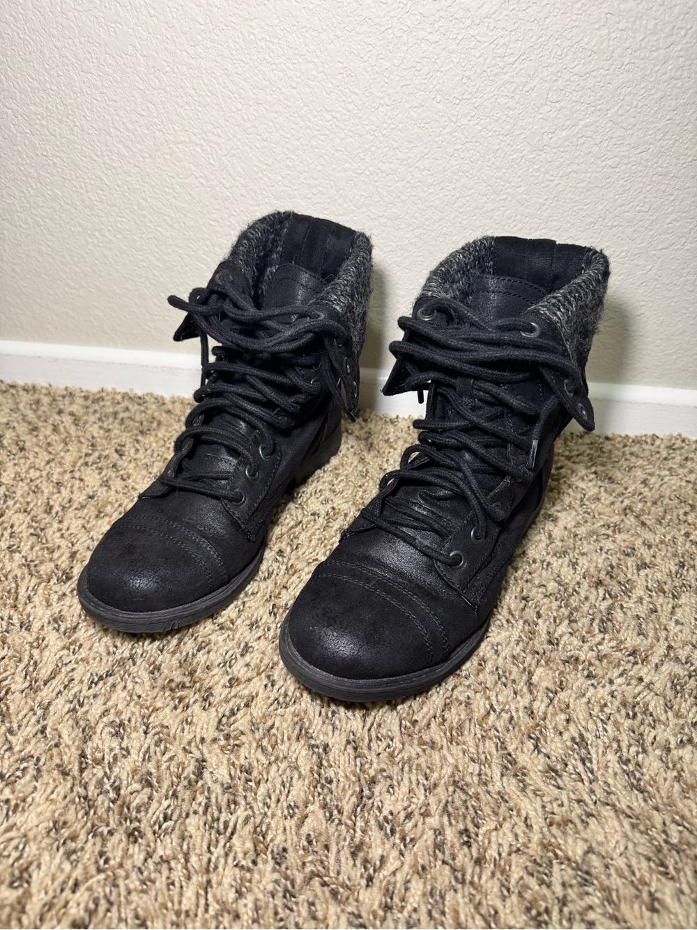 Women's Black Lace-Up Combat Ankle Boots with Knit Cuff